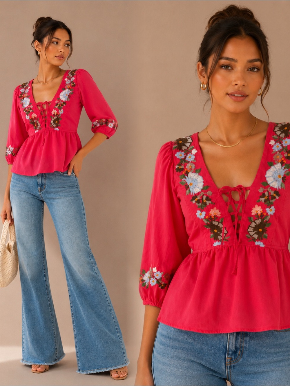 Va Va Voom Fuchsia Floral Embroidered Boho Blouse
